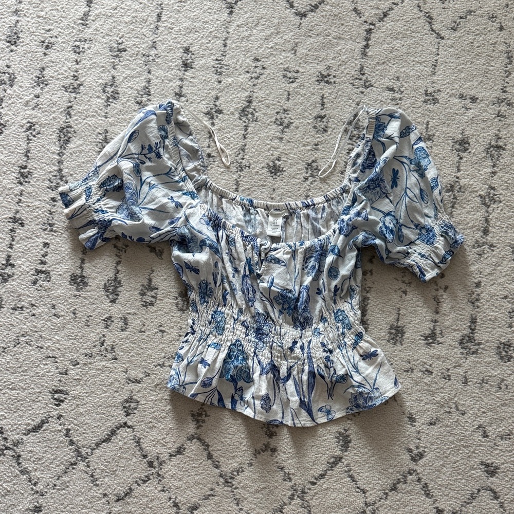 Blue Floral Smocked Peasant Blouse